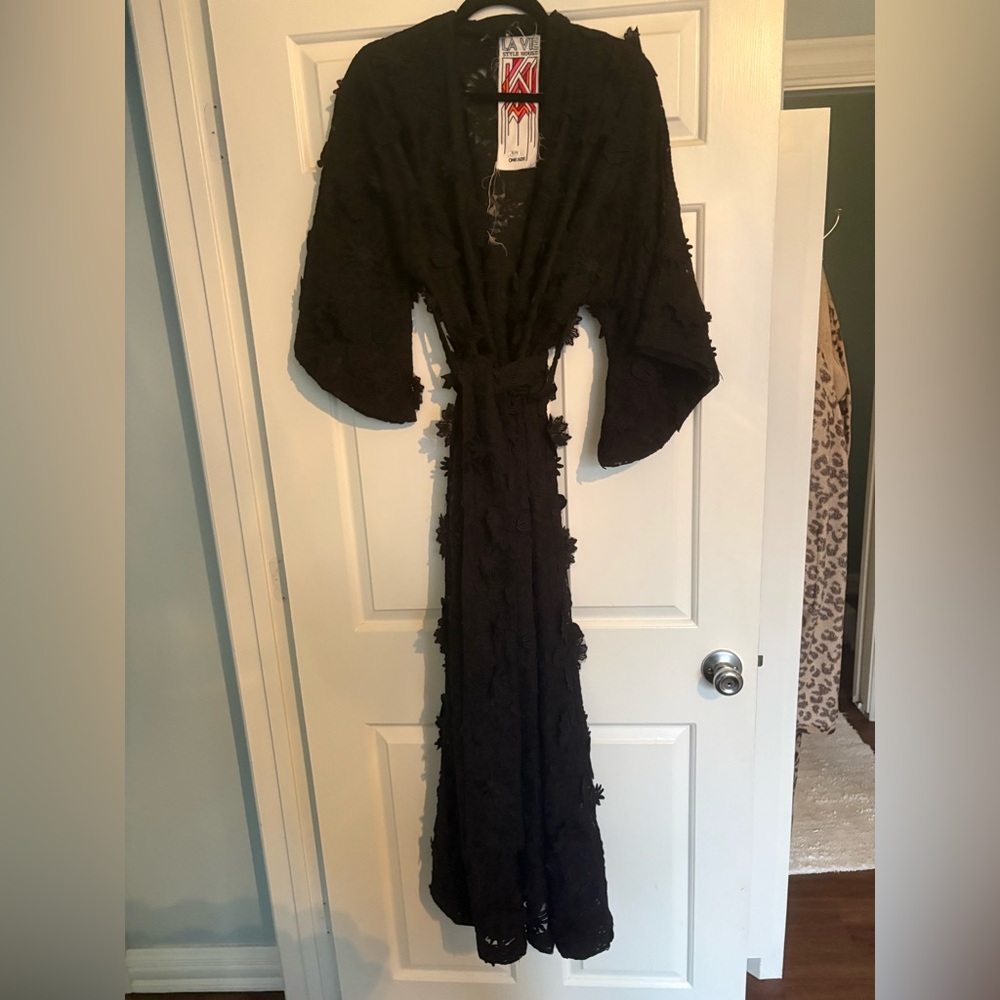 Black Maxi Wrap Dress with Floral Appliqué